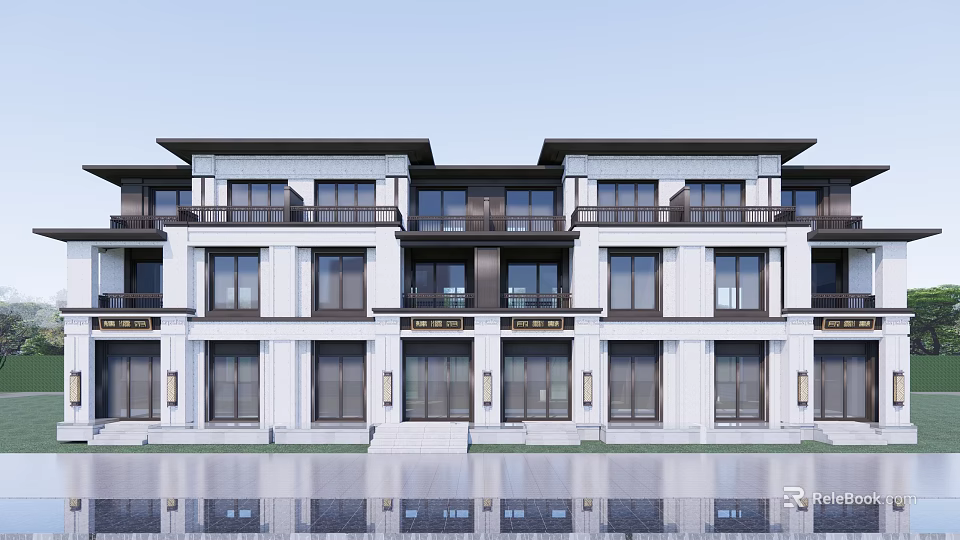 Modern Townhouse Exterior Design With White Facade Black Window Frames And Balconies 3d model 