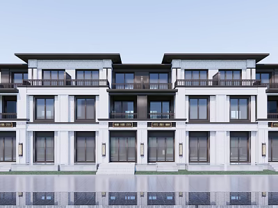 Modern Townhouse Exterior Design With White Facade Black Window Frames And Balconies 3d model
