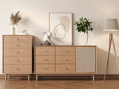 Elegant Wooden Entryway Cabinet And Sideboard With Potted Plant Artwork And Decorative Pieces 3d model