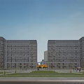 Modern Commercial Complex With Glass Curtain Walls Symmetrical Architecture Plaza Lawn Pedestrians And Vehicles