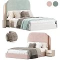 Stylish Double Bed With Soft Headboard Decorative Pillows Bedspread And Nightstand 3d model