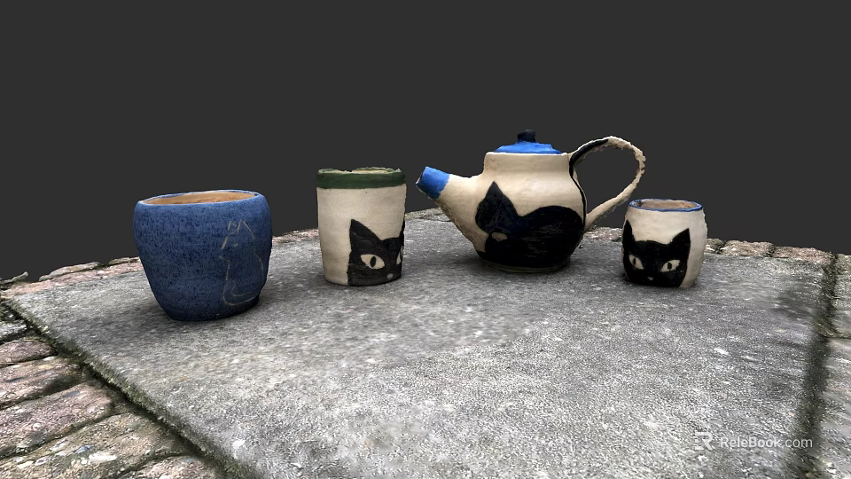 Handcrafted Ceramic Tableware Set with Black Cat Patterns Blue Green and White 3d model