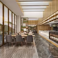 Modern Restaurant Interior With Wooden Walls Dining Tables Chairs Bar Counter And Large Windows