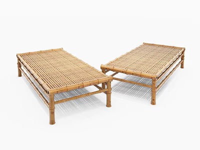 Two Bamboo Benches with Woven Seat and Bamboo Legs Simple Natural Design for Indoor Outdoor 3d model