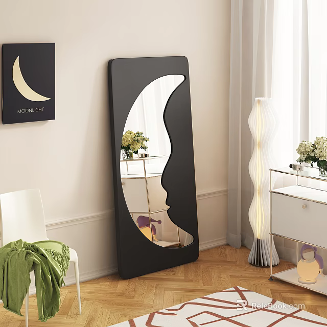 Moon Shaped Black Framed Floor Mirror in Modern Living Room 3d model 