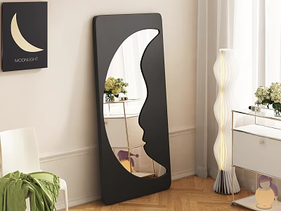 Moon Shaped Black Framed Floor Mirror in Modern Living Room 3d model