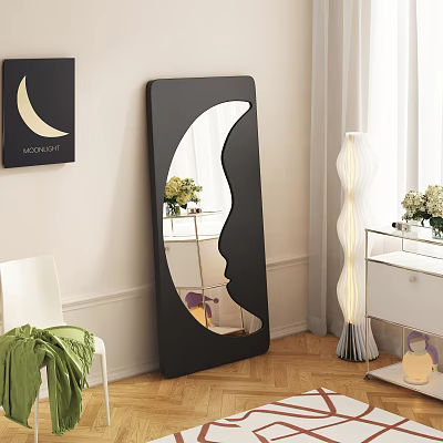 Moon Shaped Black Framed Floor Mirror in Modern Living Room 3d model
