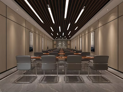 Modern Conference Room With Long Table Gray Chairs And Linear Ceiling Lights 3d model