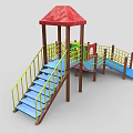 Colorful Outdoor Playground Equipment With Red Roof Slides Yellow Railings And Blue Platforms