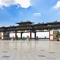 Traditional Chinese Archway Architectural Design with Multi Layered Roofs and Eaves in Plaza Square