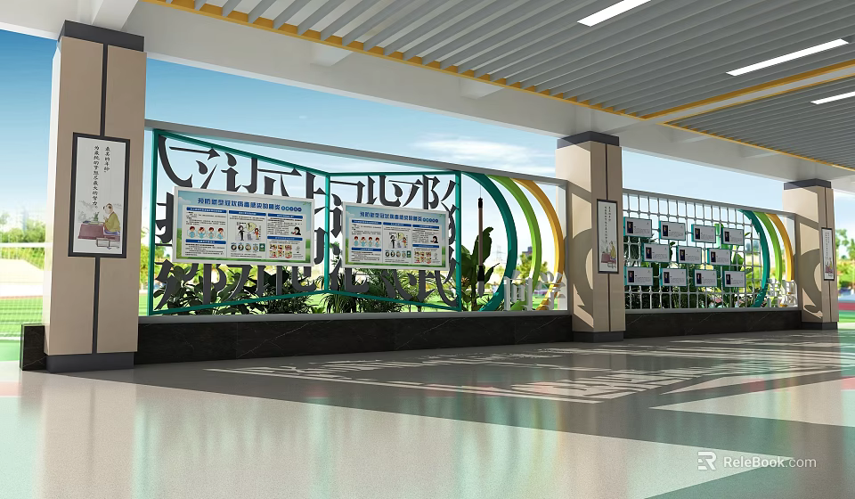 Campus Corridor Featuring Bright Windows Green Plants Colorful Curved Decorations And Bulletin Boards 3d model 