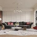 Elegant Living Room With Black Sofa Red Pillows White Paneled Wall Chandelier And Zebra Rug