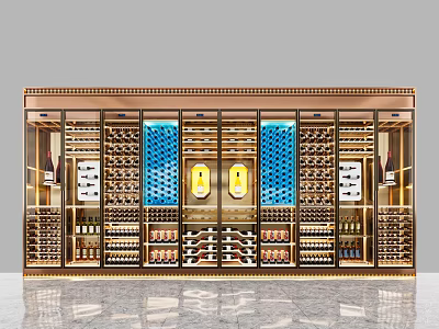 Luxury Modern Wine Cabinet With Glass Doors And Golden Frame Displaying Wine Bottles 3d model