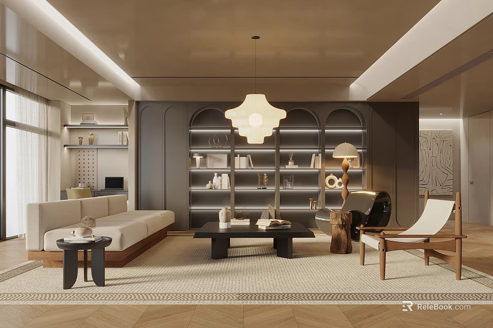 Modern Living Room Interior Design With Sofa Coffee Table Bookshelves Chandelier And Rug 3d model 