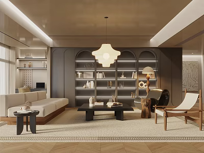 Modern Living Room Interior Design With Sofa Coffee Table Bookshelves Chandelier And Rug 3d model