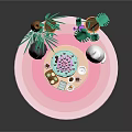 Festive Birthday Cake With Small Desserts Adorable Stuffed Animals On Pink Plate And Decorative Plants