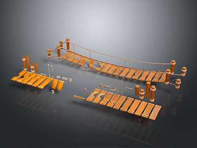 Detailed Wooden Bridge And Platform Components With Railings Planks And Posts 3d model