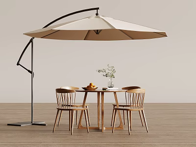 Modern Outdoor Cantilever Patio Umbrella Over Wooden Table And Chairs With Flower Vase 3d model