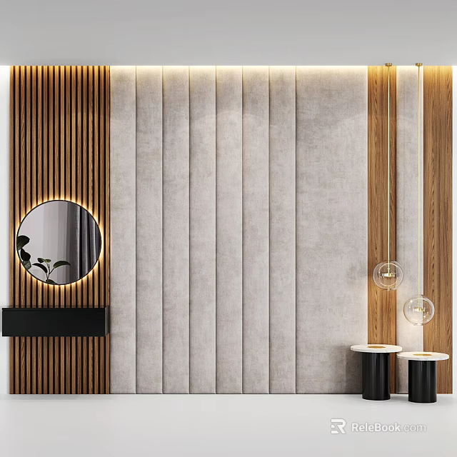Modern Bedroom Accent Wall Design With Gray Padded Panels Wooden Slats Round Lit Mirror Black Shelf 3d model 