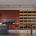 Modern Kitchen Interior With Red Cabinets Black Island Bar Stools And Shelves