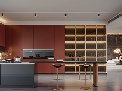 Modern Kitchen Interior With Red Cabinets Black Island Bar Stools And Shelves 3d model