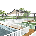 Waterfront Landscape With Covered Walkway Wooden Platform Railing And Surrounding Green Trees