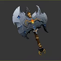 3D Model of Mythical Axe With Blue Gems Gray Metal And Wing Shaped Blades