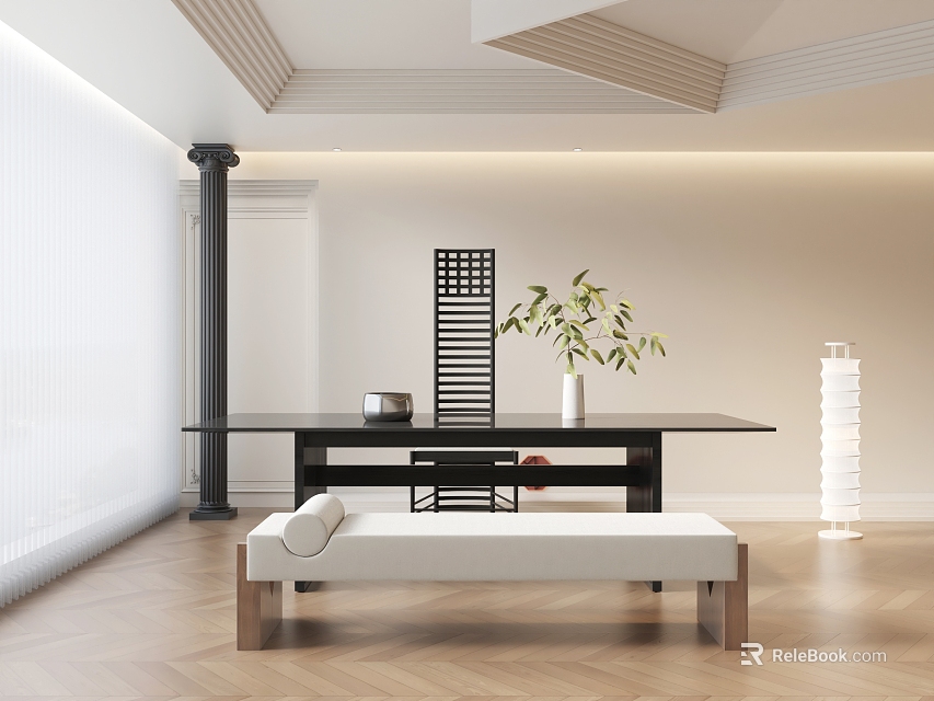 Modern Black Desk With Green Plant Decorative Screen White Bench Wooden Floor And White Blinds 3d model 