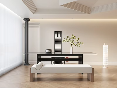 Modern Black Desk With Green Plant Decorative Screen White Bench Wooden Floor And White Blinds 3d model