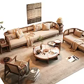 Natural Beige Sofa and Coffee Table Set with Rattan Elements Pillows and Potted Plant
