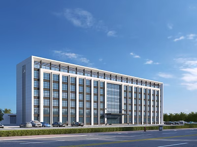 Modern Office Building Exterior With Glass Curtain Wall Large Windows And Front Parking Lot 3d model