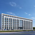 Modern Office Building Exterior With Glass Curtain Wall Large Windows And Front Parking Lot