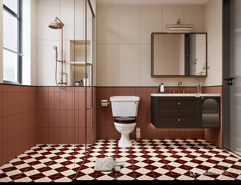 Modern Bathroom Interior With Shower Area White Toilet Black Vanity And Checkerboard Floor 3d model 