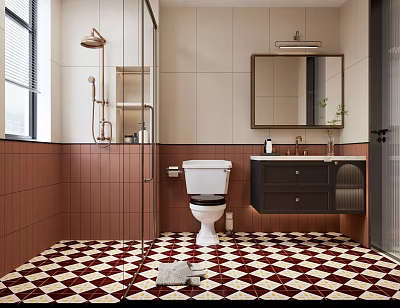 Modern Bathroom Interior With Shower Area White Toilet Black Vanity And Checkerboard Floor 3d model