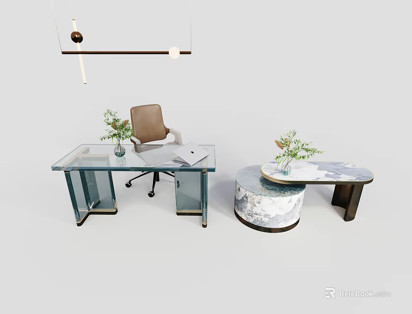 Modern Office Desk With Glass Top Ergonomic Chair Round Side Table And Potted Green Plants 3d model 