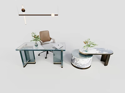 Modern Office Desk With Glass Top Ergonomic Chair Round Side Table And Potted Green Plants 3d model