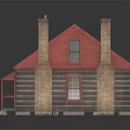 Cartoon Log Cabin Scene With Red Door And Windows Dark Brown Roof And Brick Chimneys