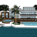 Modern Detached Villa With Palm Trees Swimming Pool Large Glass Windows And Waterfront Terrace