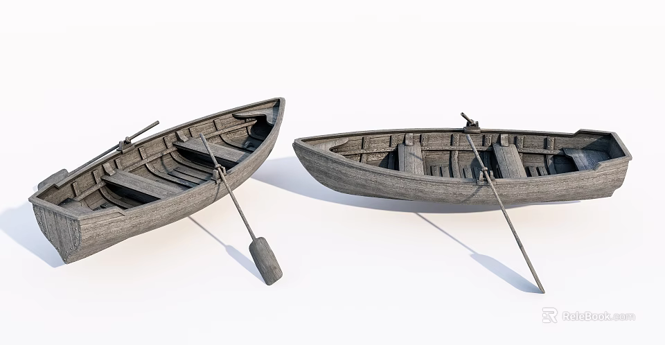 Two Vintage Wooden Boats Featuring Oars And Classic Wooden Design 3d model 