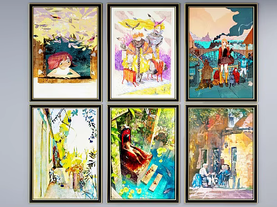Colorful Framed Figure Paintings Collection with Various Scenes and Human Characters 3d model