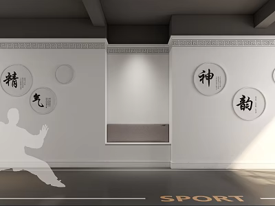 Martial Arts Studio Interior With Essence Spirit Energy Rhythm Wall Decorations And Silhouette 3d model