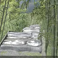 Tranquil Bamboo Grove Scenery with Winding Stone Steps and Lush Green Foliage