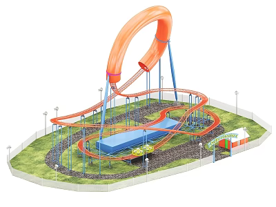 Amusement Water Slide Equipment With Orange Pipeline Curved Tracks Blue Pool Green Grass And Pavilion 3d model