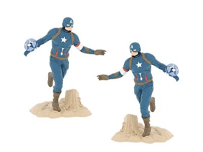 Pair of Captain America Action Figures Blue Uniform White Star Shield Sand Base Running Pose 3d model