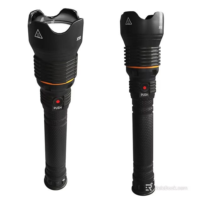 Two Black Tactical Flashlights With Push Button Grip Handle And Orange Accents 3d model