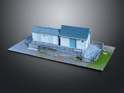 Wooden House With Blue Roof White Walls Wooden Deck Near Small Shed On Grass 3d model