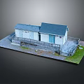 Wooden House With Blue Roof White Walls Wooden Deck Near Small Shed On Grass