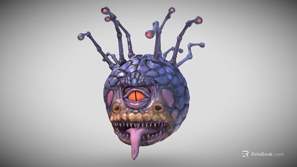 Monster Head Model with Rock Like Texture Large Eye Open Mouth Tentacles Glowing Tips 3d model 