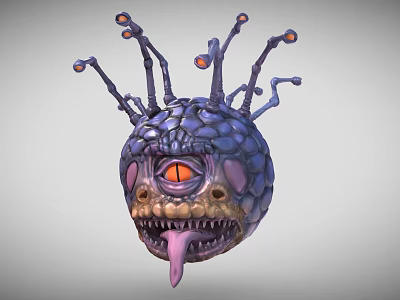 Monster Head Model with Rock Like Texture Large Eye Open Mouth Tentacles Glowing Tips 3d model