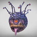 Monster Head Model with Rock Like Texture Large Eye Open Mouth Tentacles Glowing Tips 3d model